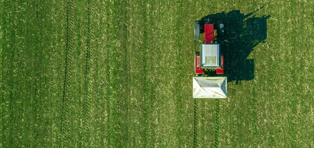 Agricultural tractor is fertilizing wheat crop field with NPK fertilizers, aerial view from drone pov